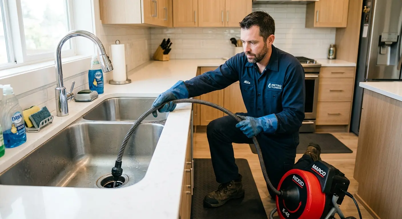 Drain cleaning technician using a motorized snake on a kitchen sink in Wawarsing
