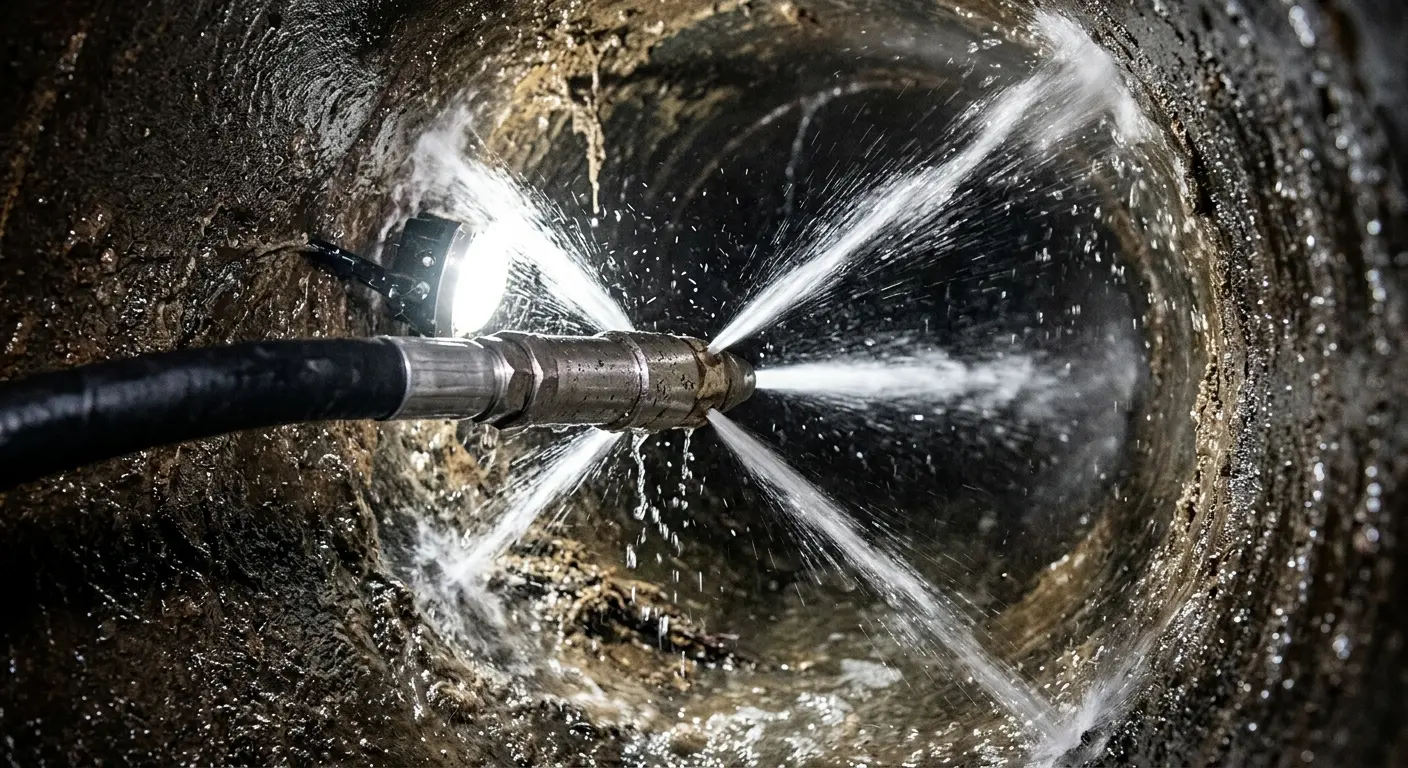 High-pressure hydro jetting nozzle cleaning sewer pipe for Emergency Drain Service in Wawarsing