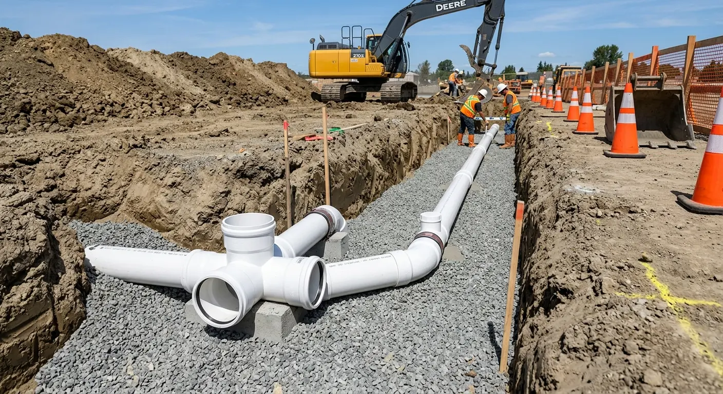 New PVC sewer pipe installation in open trench for Commercial Drain Cleaning in Wawarsing