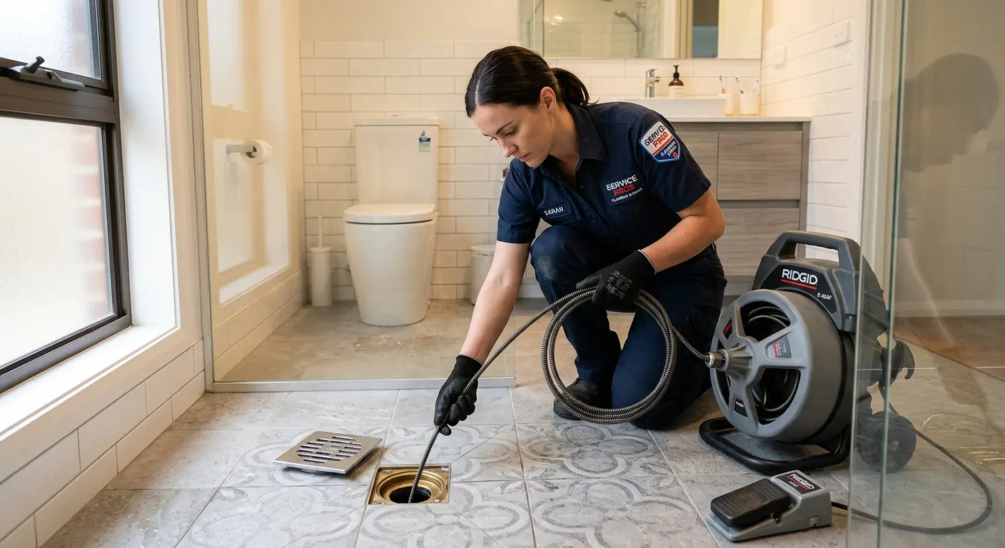 Technician clearing a bathroom floor drain for Clogged Drain Repair in Wawarsing